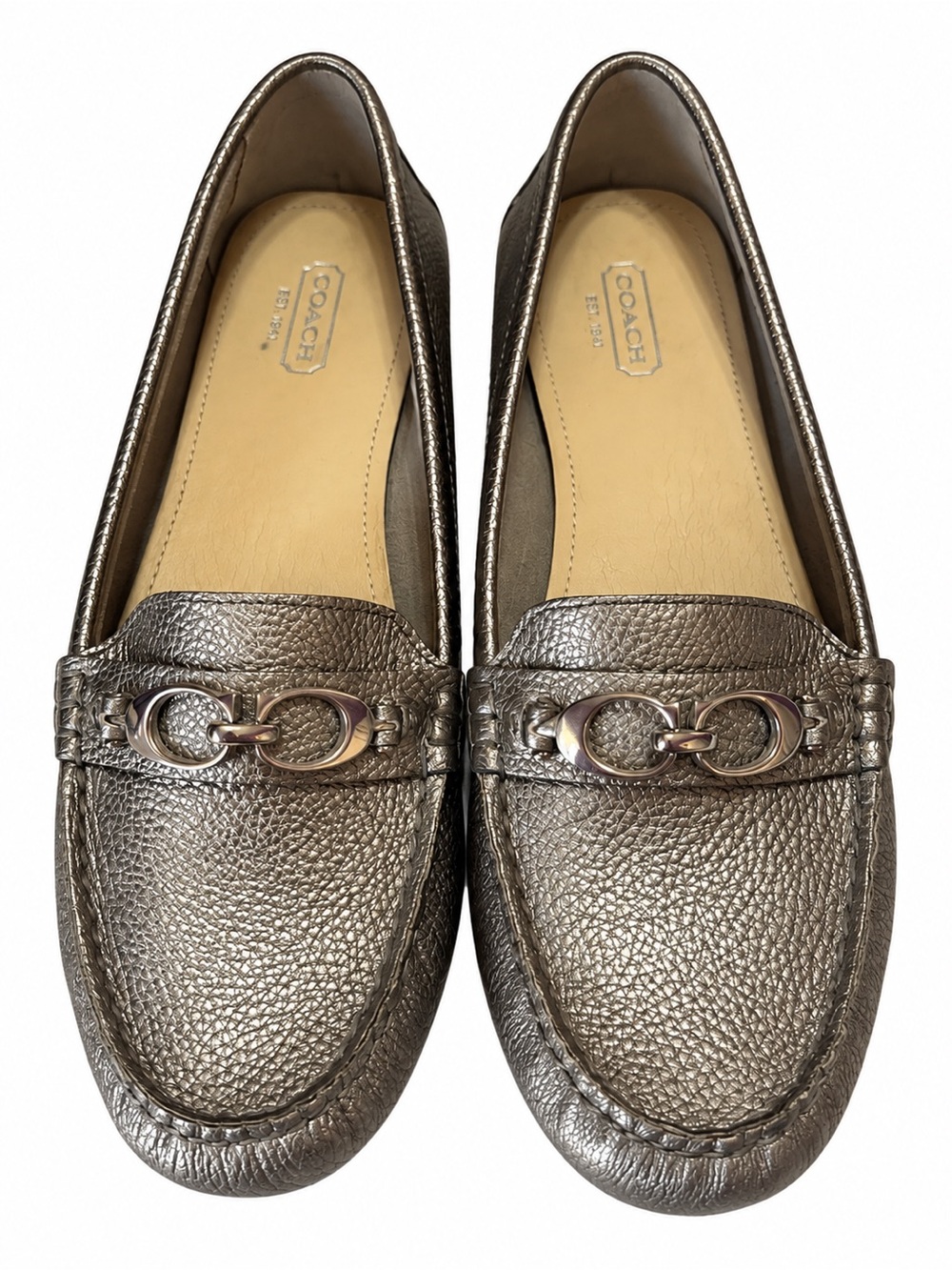 Coach Metallic Pewter Leather Slip-On Loafers